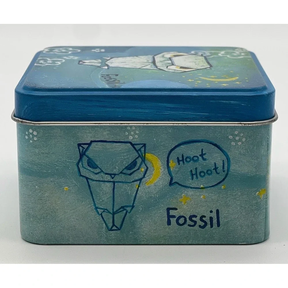 Vintage FOSSIL Watch Tin Blue Origami Owl Night Sky Collectible Box 2004 Y2K